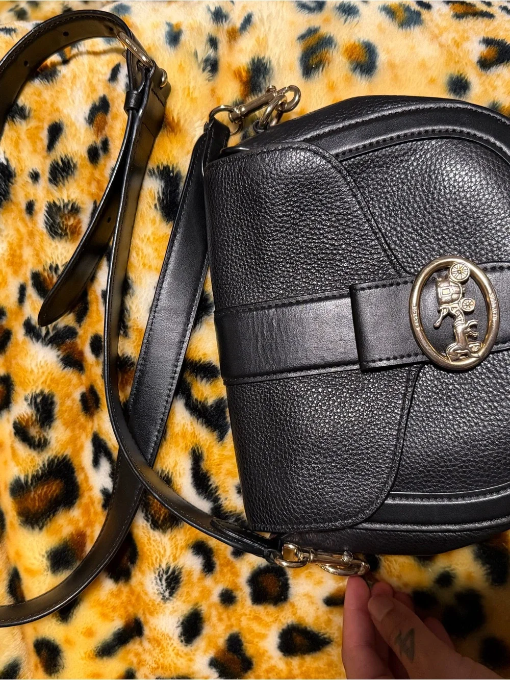 Coach Black Pebbled Leather Crossbody with Gold Horse & Carriage Turnlock